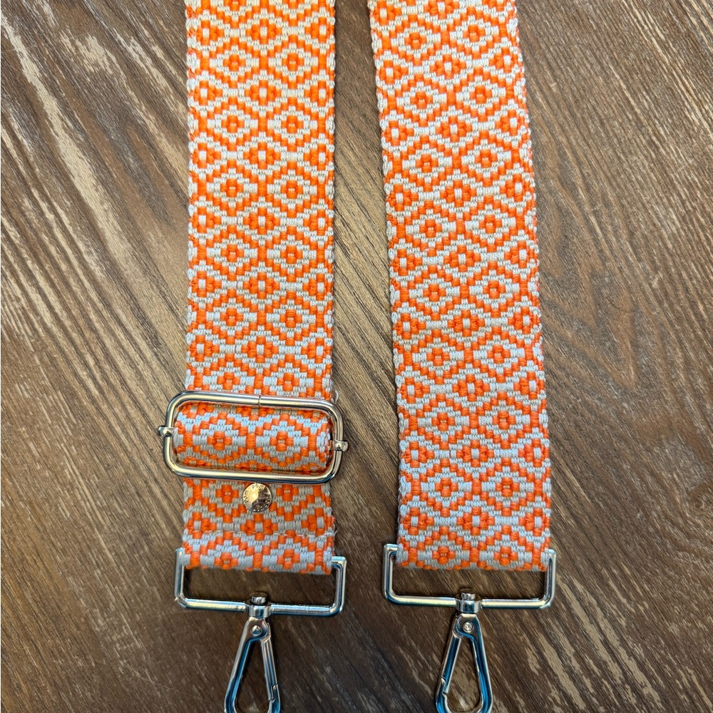 Pom Pom London Orange and Tan Geometric Pattern Bag Strap